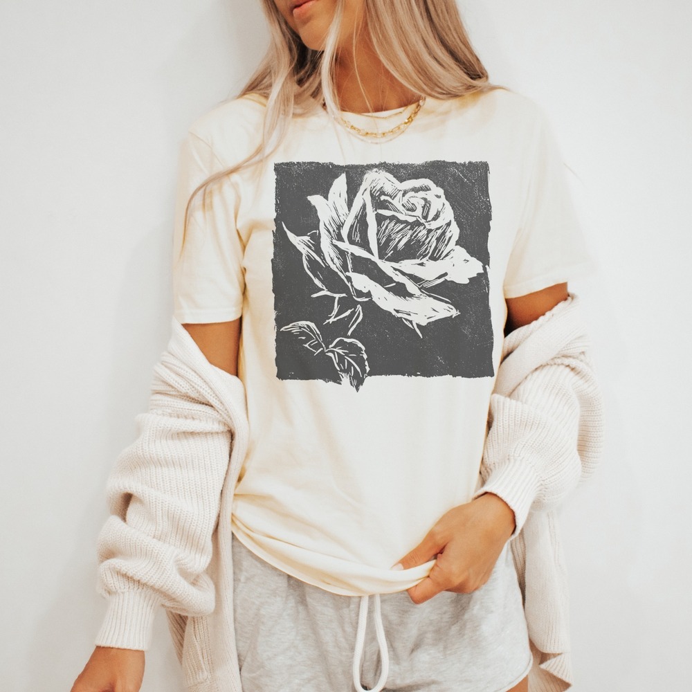 Cross Hatching Rose Lino Cut Vintage Style Shirt